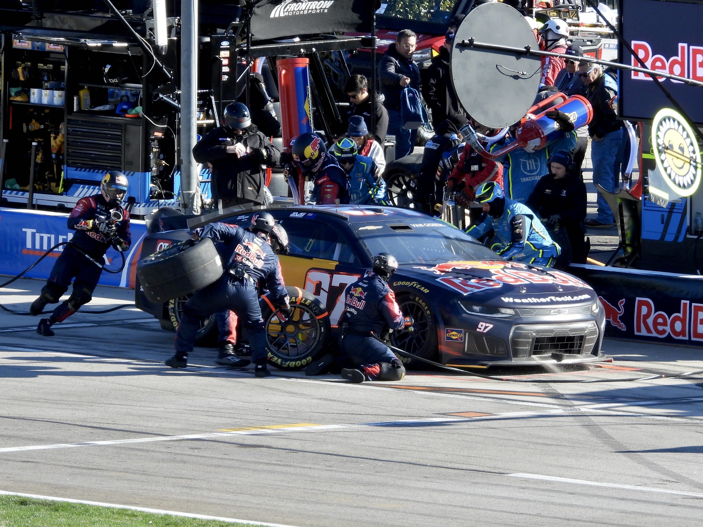 Shane van Gisbergen’s #97 Red Bull Chevrolet undergoes a pit stop at EchoPark Speedway in Atlanta